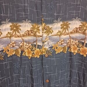 Island Shores Mens XL Blue Tropical Palm Tree Rayon Hawaiian Button Down Shirt